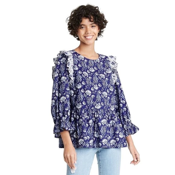 Universal Thread Womens Floral Print Puff 3/4 Ruffle Top XL Blue & White - Picture 1 of 9